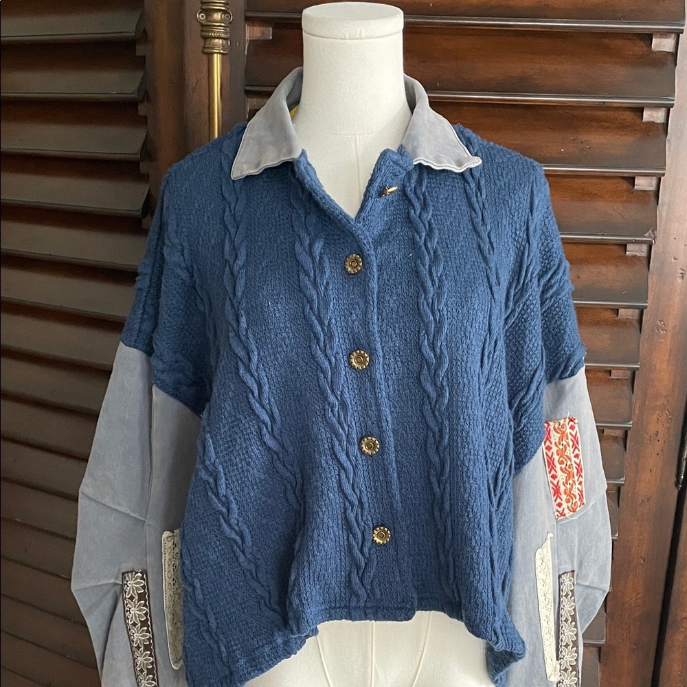 POL Blue and Gray Cable Knit Button-Up Sweater Jacket Large Oversized Gorgeous - Picture 2 of 9